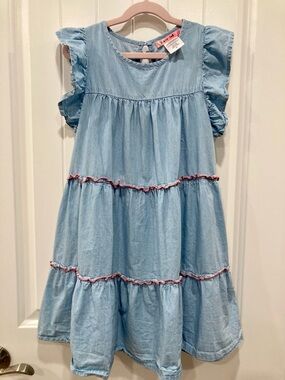 paper doll Light Blue Tiered Summer Dress with Pink Trim | 8